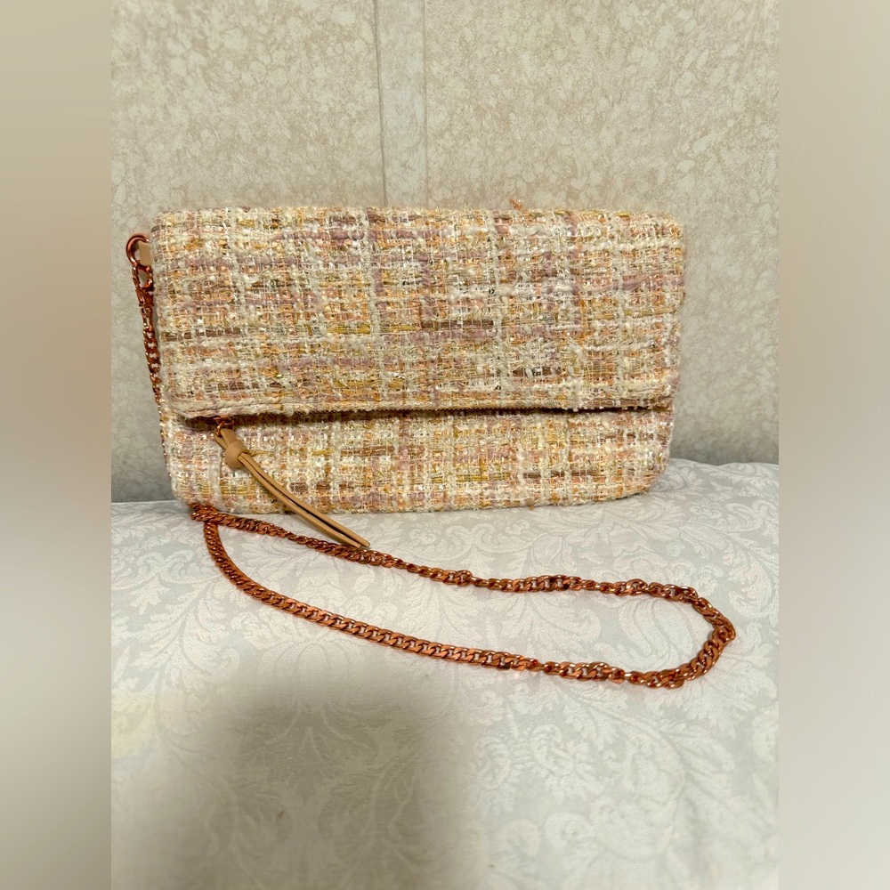 Tweed Knit Pink Nude Neutral crossbody Purse Gold Chain Barbie Core Preppy